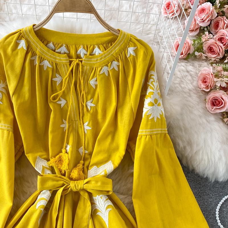 RUGOD Длинное платье в этническом стиле для путешествий и отдыха с вышивкой и круглым вырезом, с рукавами-фонариками, в богемном стиле, в стиле ретро, ​​свободное свободное платье для женщин