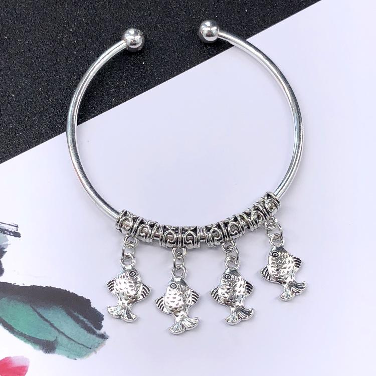 Retro Ethnic Style Tibetan Silver Bracelet Women's Versatile Fashion Bell Flower Pendant Adjustable Bracelet with Accessories