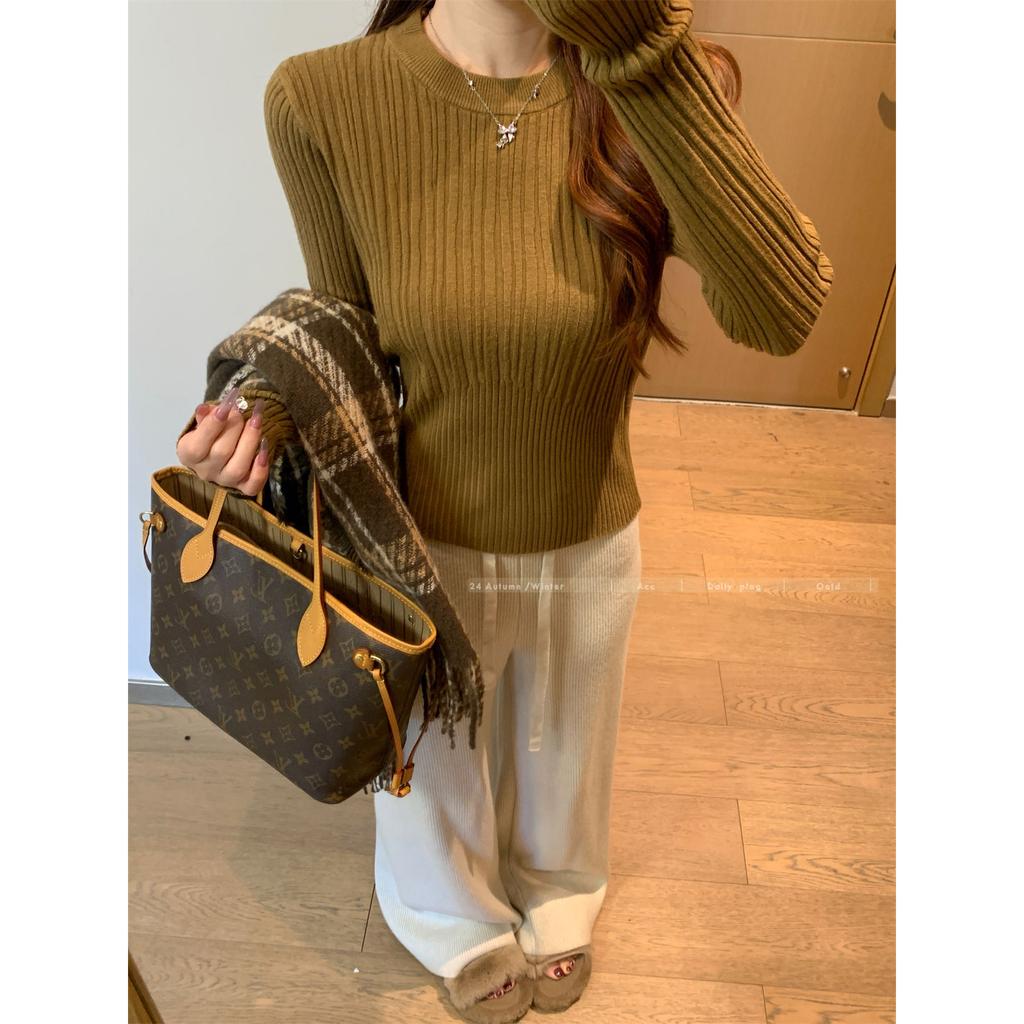 Pit strip crew neck sweater women's spring new thickened slim fit with knitted bottoming shirt short top