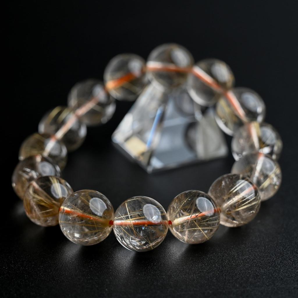 Eigado Rutilated Quartz 15mm 18cm Wrist Limited Natural Power Prayer Good Luck Feng Shui Bracelet, Stone, Circumference, One-of-a-Kind, Edition,