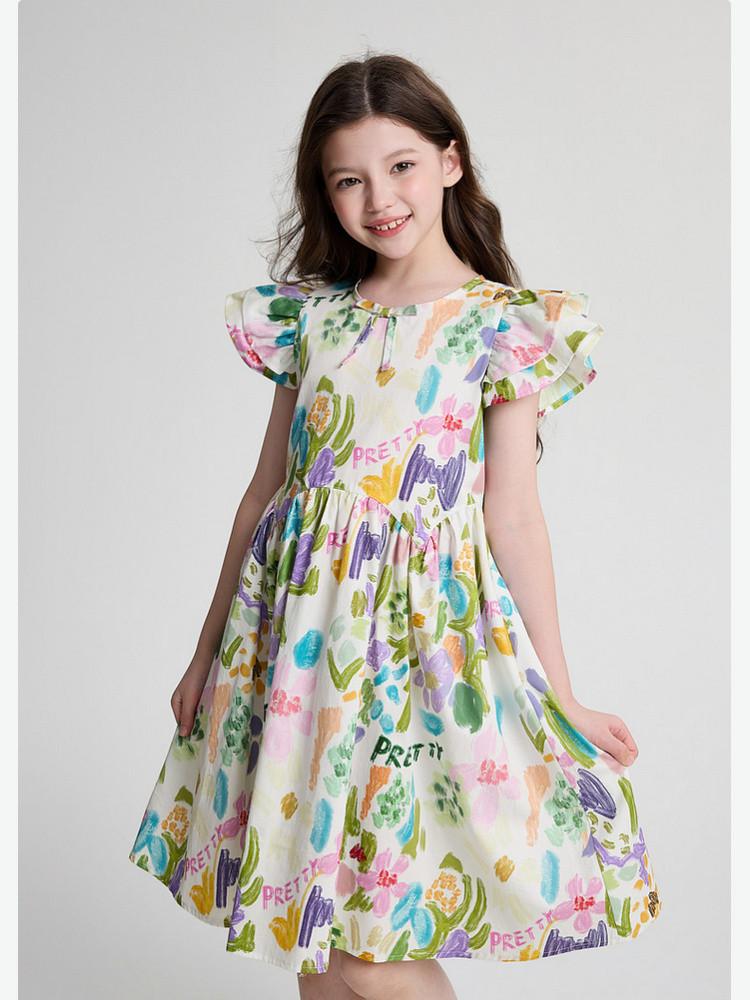 Girls' Fresh and Fashionable Printed Small Fly Sleeves Pure Cotton Dress