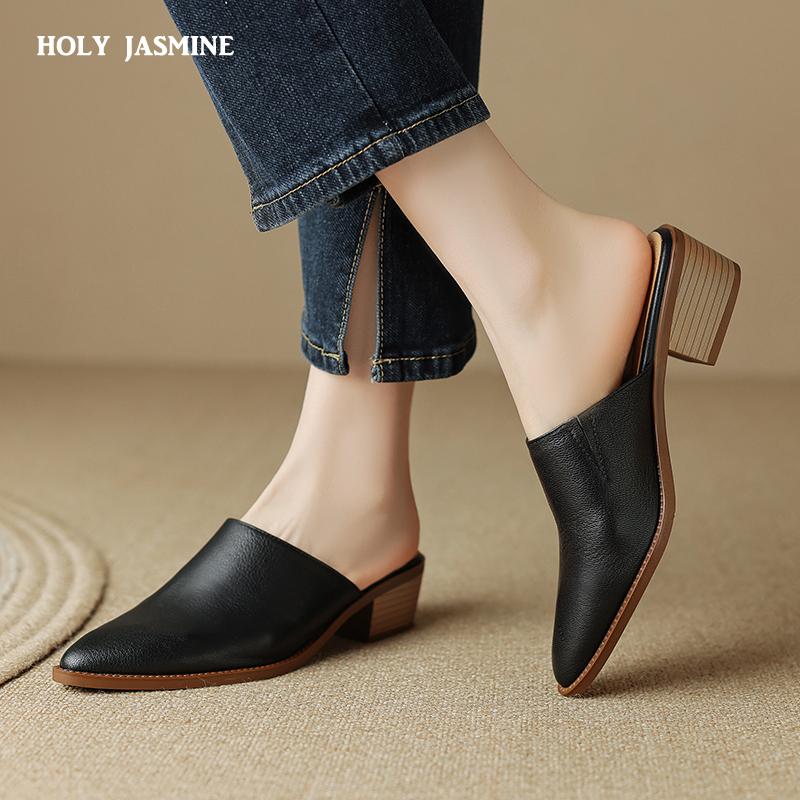Summer Women Slippers Genuine Leather Shoes for Women Cover Toe Chunky Heel Mules Slingback Women Sandals Elegent Handmade Shoes