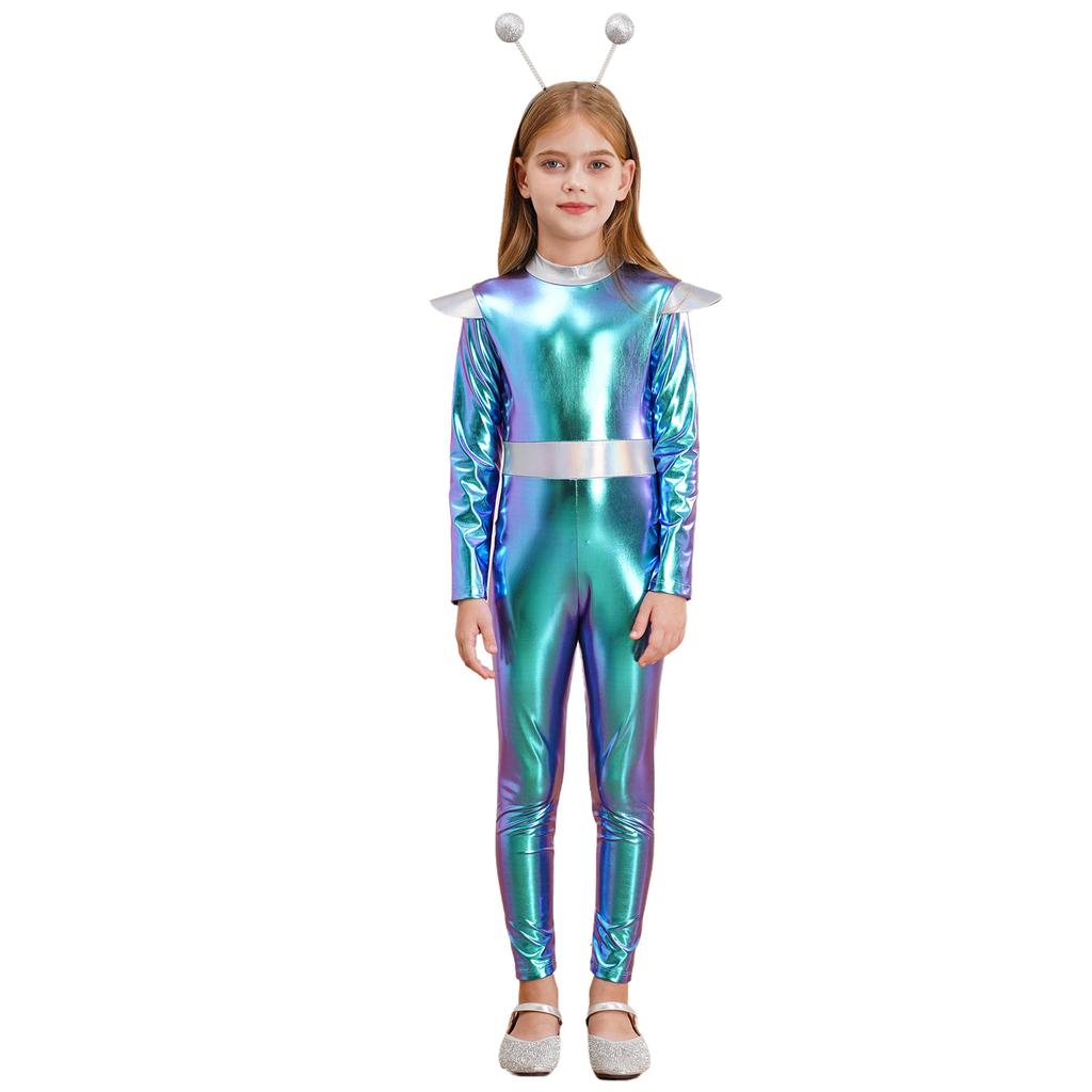 Kids Alien Cosplay Costume Long Sleeve Full Length Bodysuit Alien Hair Hoop Halloween Dress Up Party Costume Set