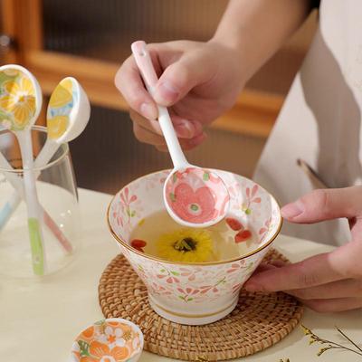 Керамическая суповая ложка в виде цветка Kawaii, милая корейская расписанная вручную кофейная десертная ложка с длинной ручкой, кухонные принадлежности