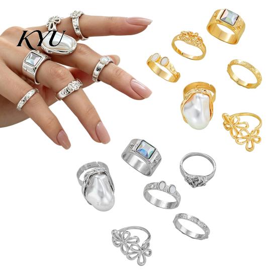 Women Ring Set 6Pcs Faux Moonstone Set, Vintage Fake Pearl Statement Metal Ring, Golden Silver Plated Jewelry Gift for Her Alloy Finger