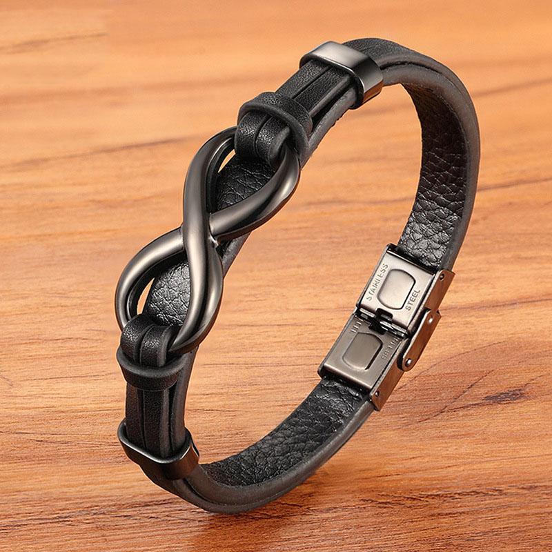 High Quality Men's Infinity Charm Stainless Steel Bracelet Genuine Leather Fashionable Wide Real Genuine Leather Charm Bracelet