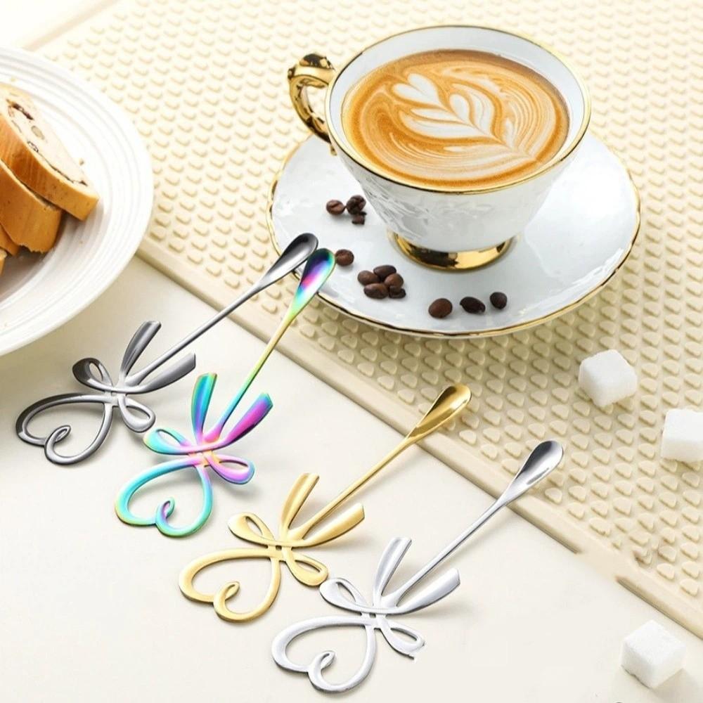 6PCS Stainless Steel Heart Shaped Spoon Long Handle Bow Knot Mini Coffee Spoon Hanging Spoon Dessert Spoon Wedding Party