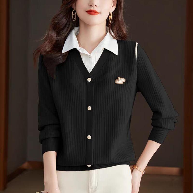 Поддельный женский свитер из двух частей, осенне-зимний, новый, с длинными рукавами, воротником, трикотажной низкой