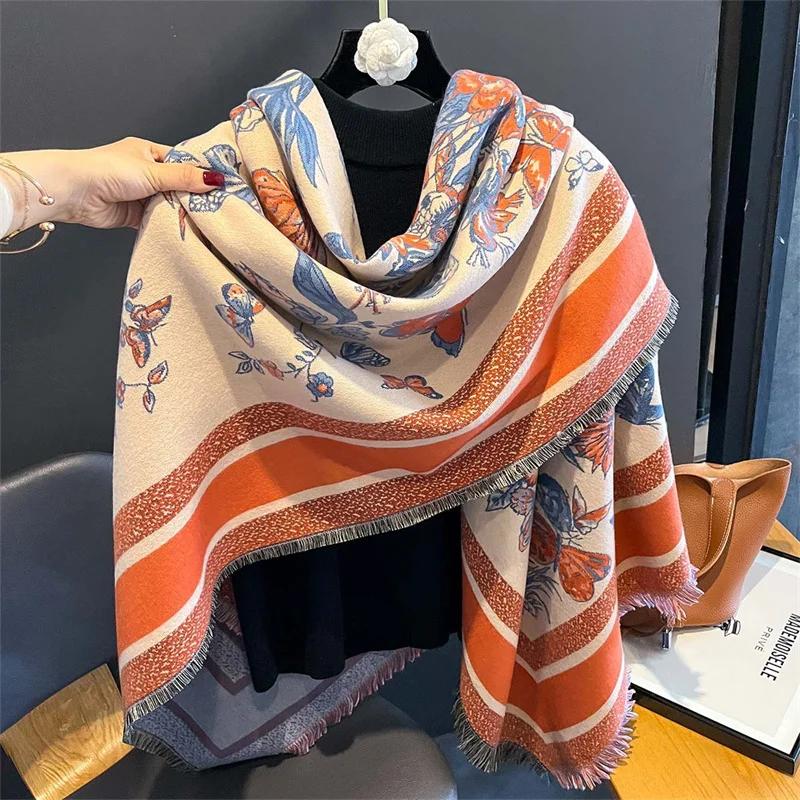 Зимний новый кашемировый шарф 2024 года, цветочный женский теплый платок и накидка, бандана, пашмина, женский платок, квадратное толстое одеяло, пончо