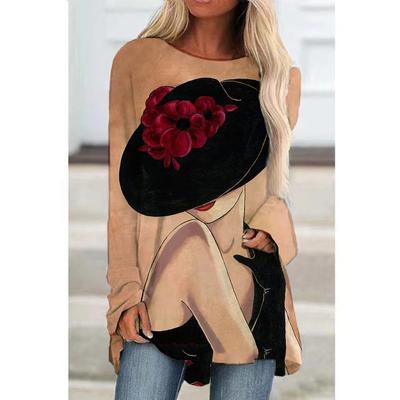 Простая женская футболка с принтом в стиле ретро, ​​модная свободная футболка с круглым вырезом и длинными рукавами, осенний универсальный повседневный топ в стиле ретро для отдыха