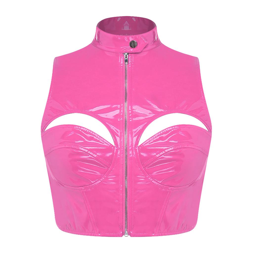 Women PU Leather Crop Top Funny Hollow Out Mock Neck Sleeveless Front Zipper Vest Tank Top