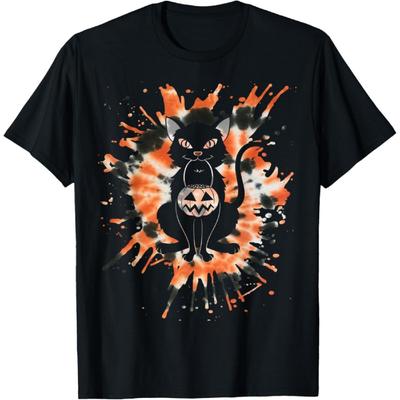 Хэллоуин Оранжевая tie-dye с черной кошкой Мужская Женская Детская Футболка