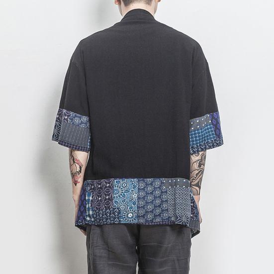 Мужской лоскутный кардиган с ретро-принтом, пальто, пончо с рукавами 3/4 и открытой передней частью, верхняя одежда, тонкий кардиган Hanfu