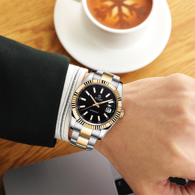 Start Мужские механические часы с функцией календаря, водонепроницаемые часы, светящаяся шкала, циферблат, золотые часы