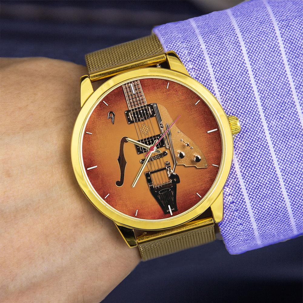 Silicone Stainless Strap Violin Bass Musician's Gift Yellow Golden Instrument Design Dia 45mm Men's Quartz Watches