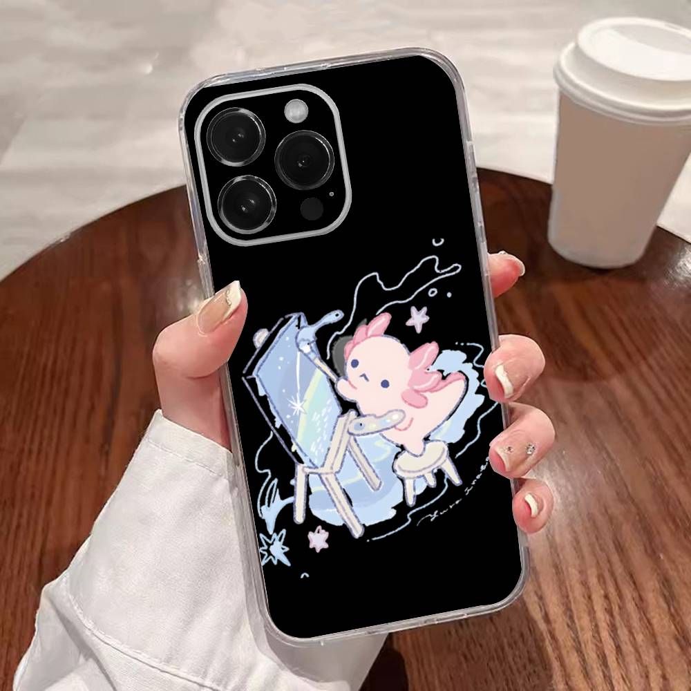 Милый чехол для телефона с аксолотлем для iPhone 16,15,14,13,12,11 Plus,Pro,Max,XR,XS,Plus,E,SE4,Mini Прозрачная крышка