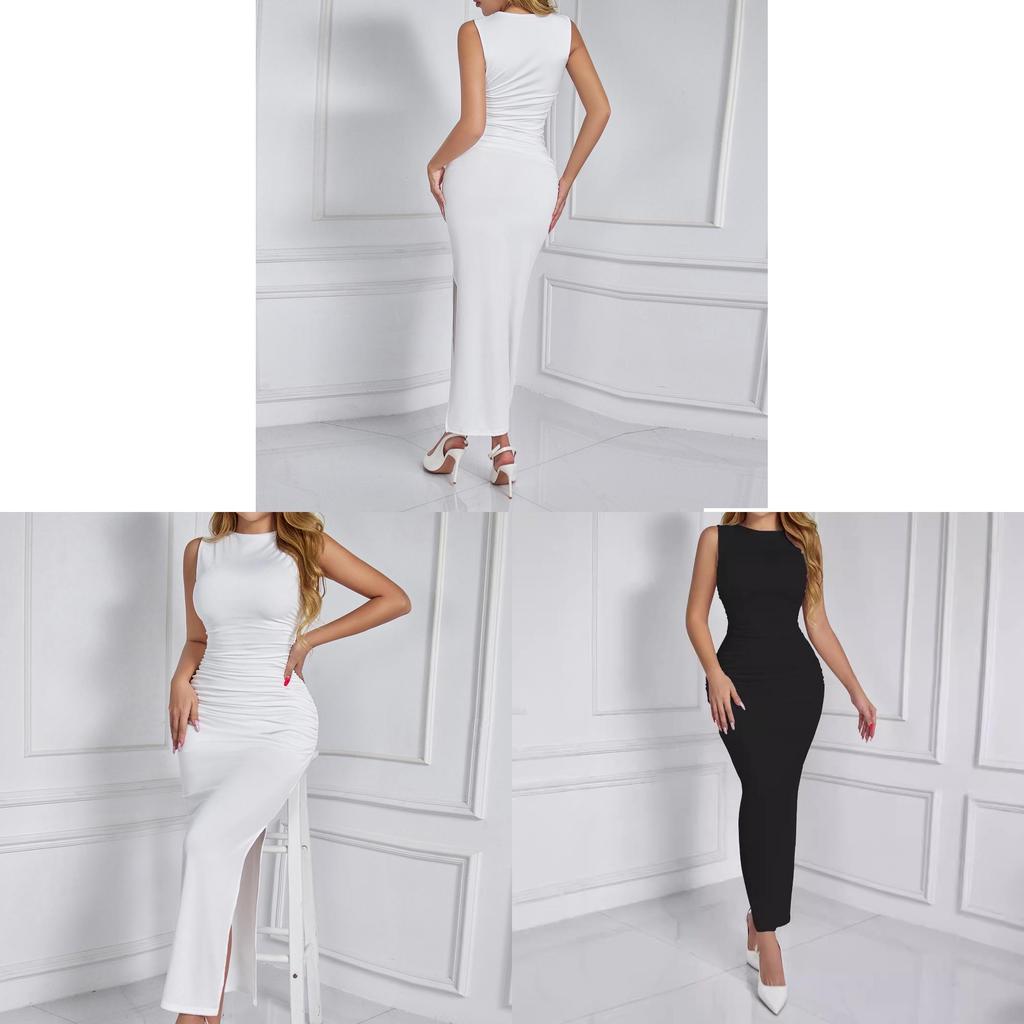 Basic Dress Long Skirt With Pleats And Side Slit For Spring Summer Casual Wear