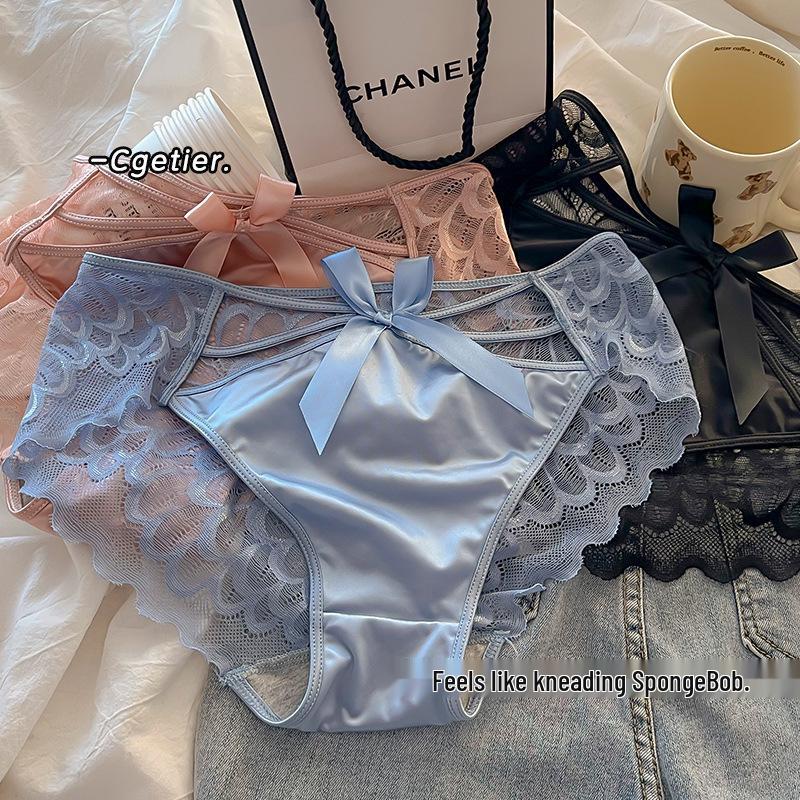 French Satin Lace Mid-Waist Sexy Bow Panties - Breathable Polylactic Acid