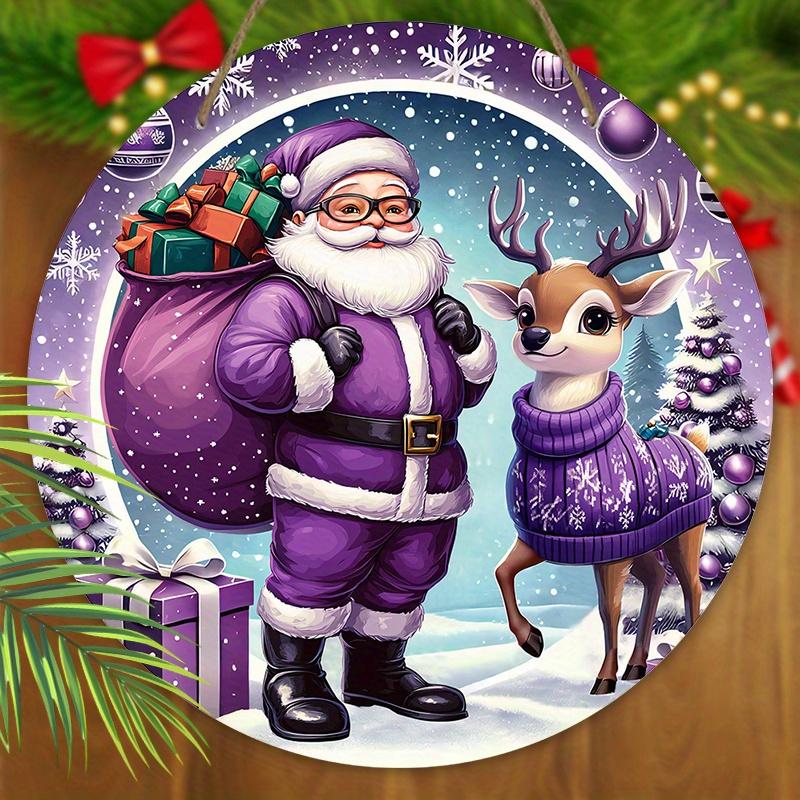 Фиолетовая Рождественская Деревянная Табличка с Узором Санта-Клауса и Лося, Зимняя Рождественская Круглая Табличка для Декора Входной Двери, Идеальный Рождественский Подарок