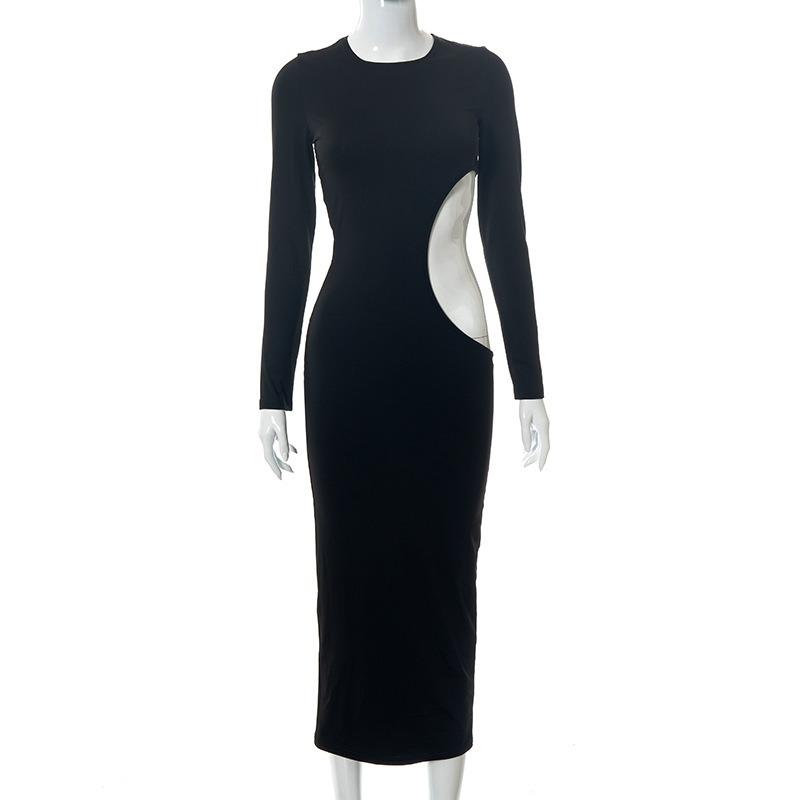 Elegant Sexy Party Hollow Out High Waist Black Dress Women Long Sleeve Slim Fit Casual Long Dress for Women Fashion Street Y2K Evening Dress 26182