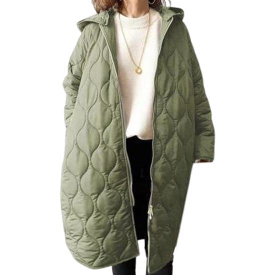 Fall Winter Women Jacket Hooded Zip-up Rhombus Texture Thin Padded Long Sleeves Mid Length Loose Work School Daily Coat