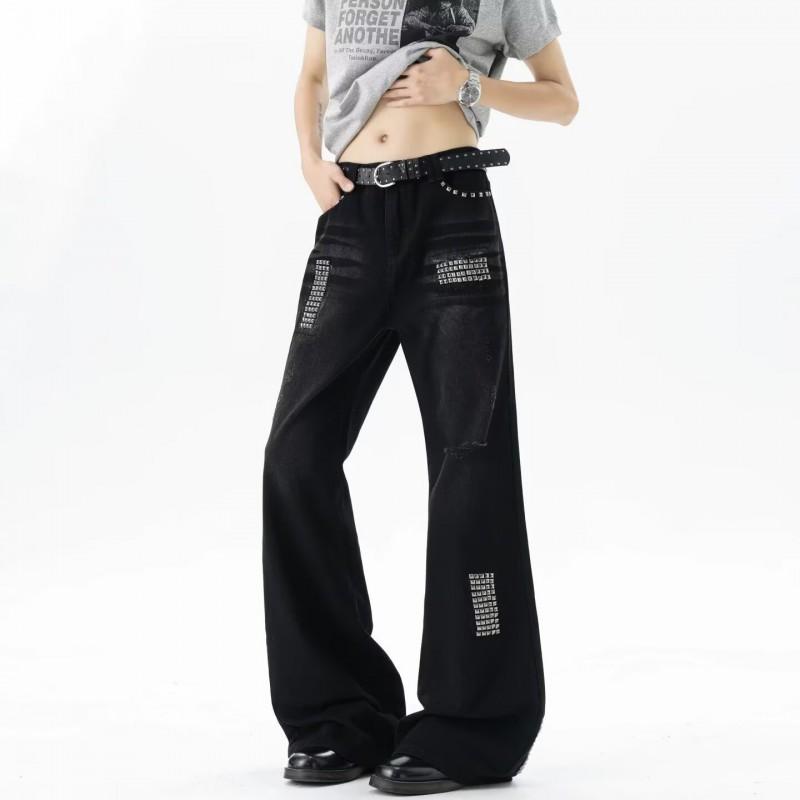 Womens Wide Leg Distressed Denim Pants With Rivet Embellishment Loose Fit Casual Jeans