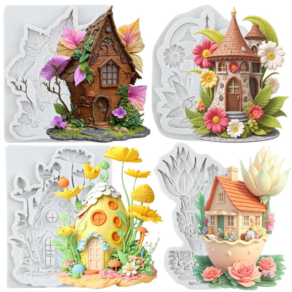 Силиконовая форма для домика в сказочном саду, форма для домика-розы в сказочном саду, формы для мастики, инструменты для украшения торта, топпер для кекса, конфеты, сахарное искусство, мастика, полимерная глина