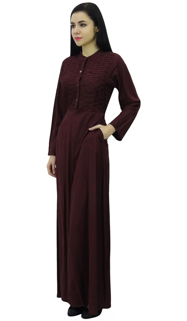 Bimba Женское простое платье джилбаб макси с длинным рукавом и воротником-стойкой