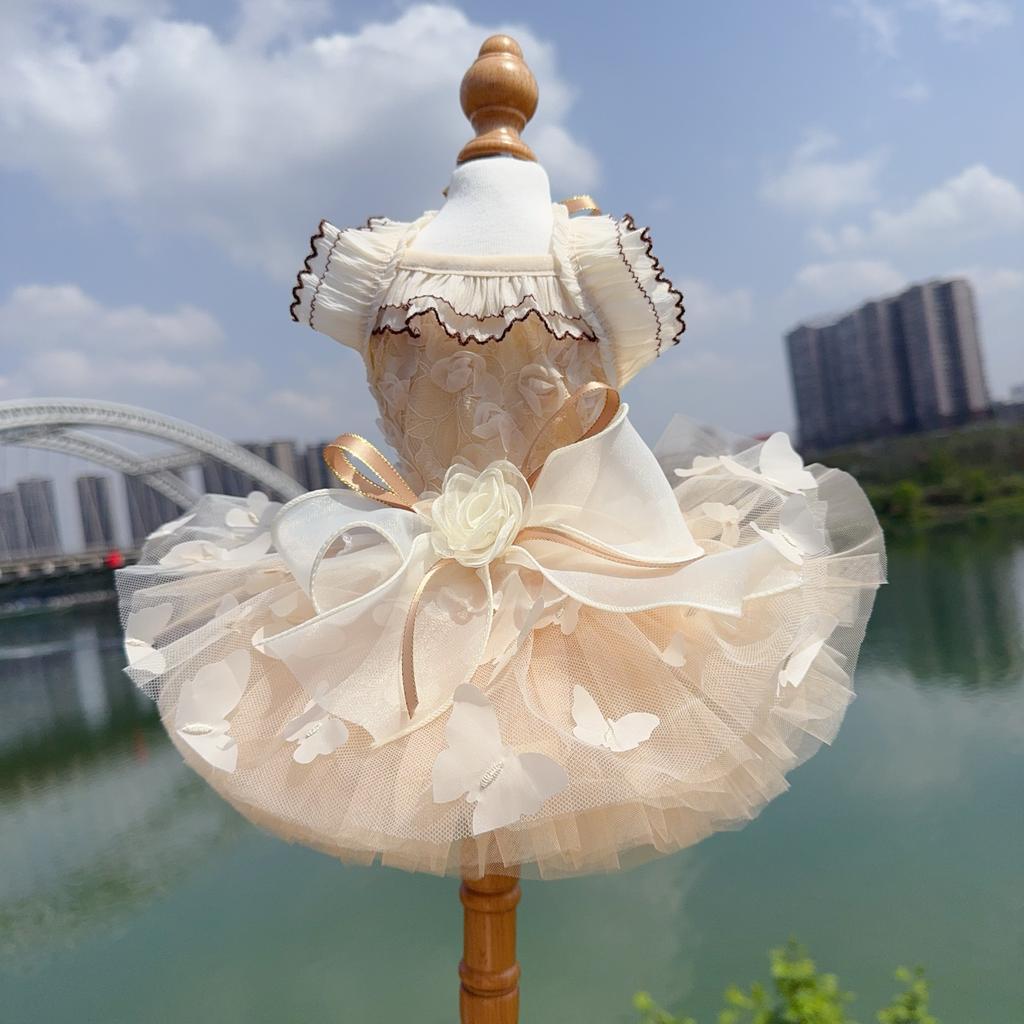 Champagne Pet Dog Clothes Spring Summer Soft Hollow Lace Bow Sling Dresses For Small Medium Dog Chihuahua Puppy Costumes Skirts