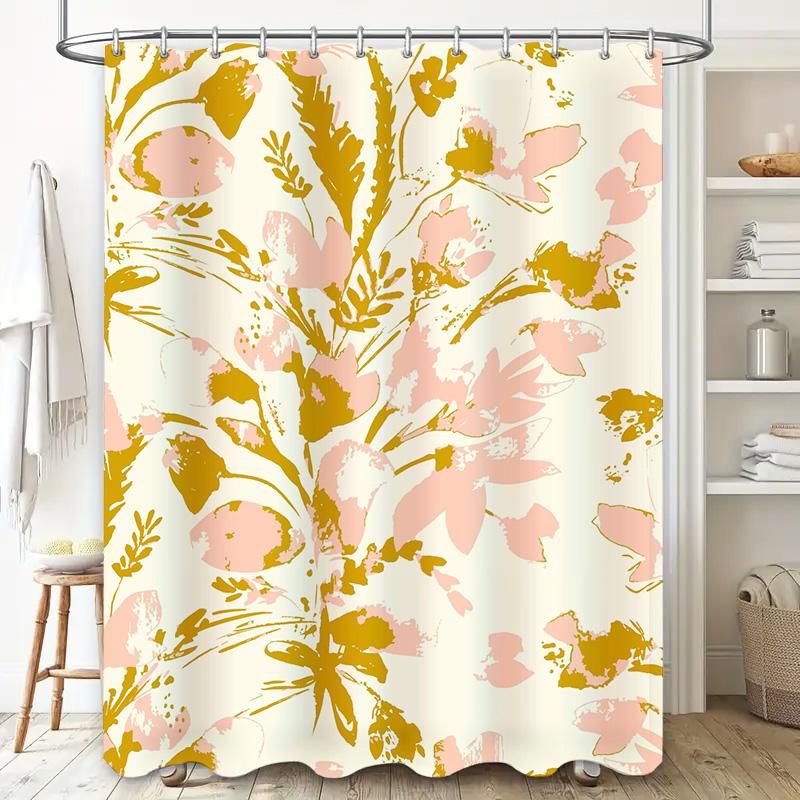 Modern Floral Shower Curtain, Bathroom Decor, Pink Yellow Gold Print Fabric, Waterproof Rug, Home Decoration Extra Long