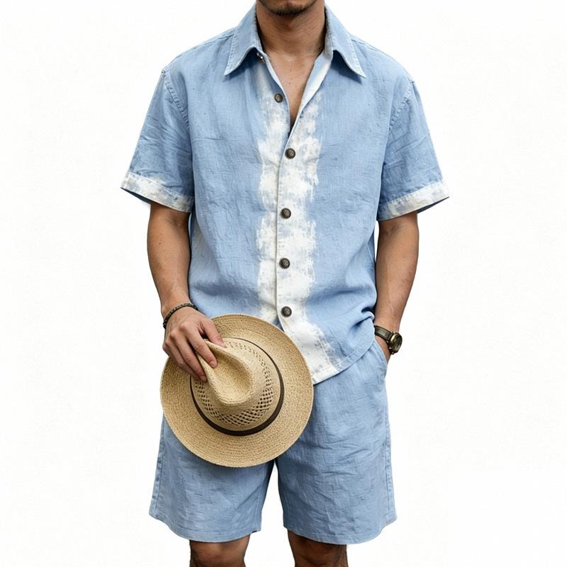 Men Brushstroke Print Lapel Short Sleeve Shirt & Drawstring Waist Shorts Two Piece Set