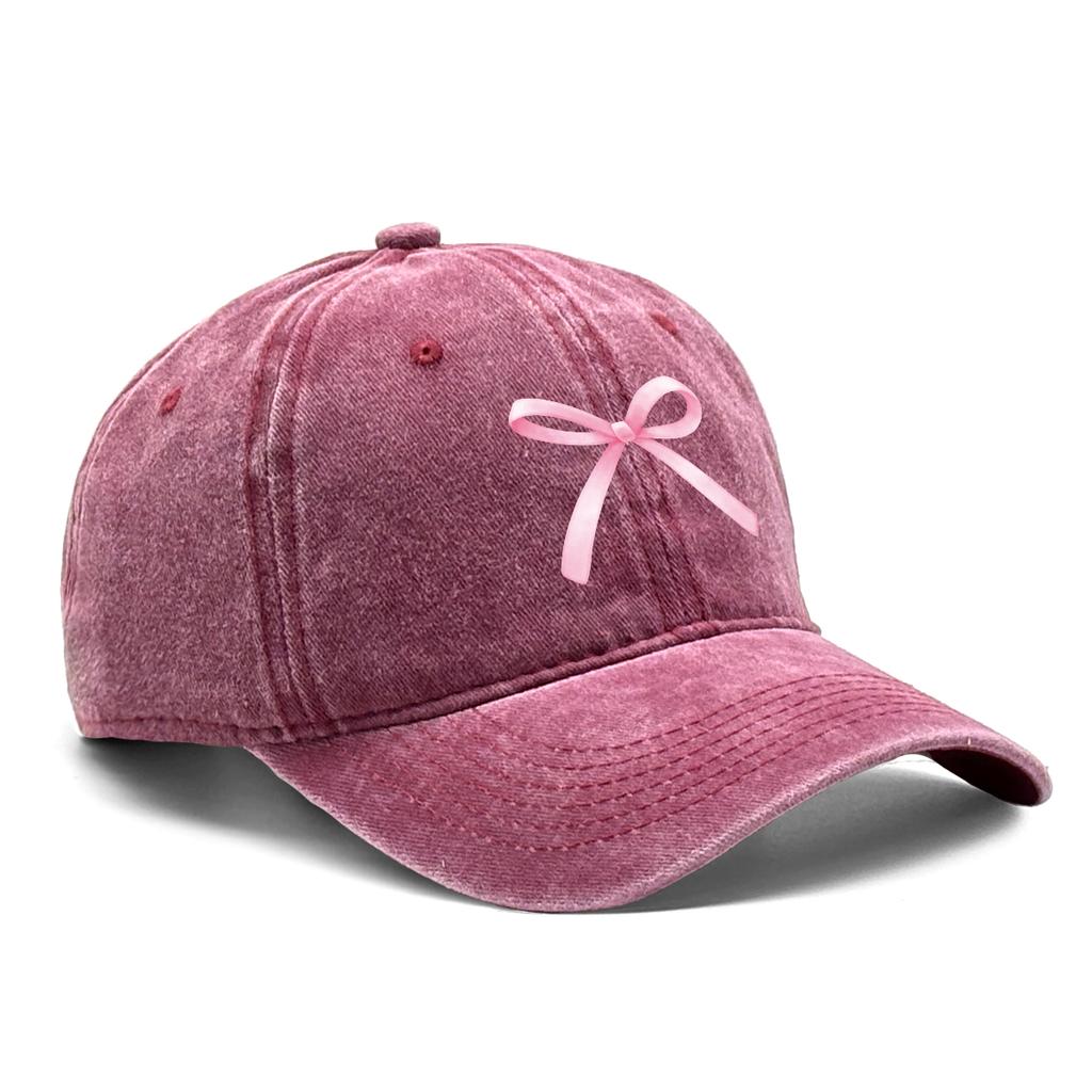 Pink Bow Adjustable Snapback Baseball Cap Washed Cotton Cap For Man Vintage Inelastic Sun Hat Perfect For Outdoor Sports
