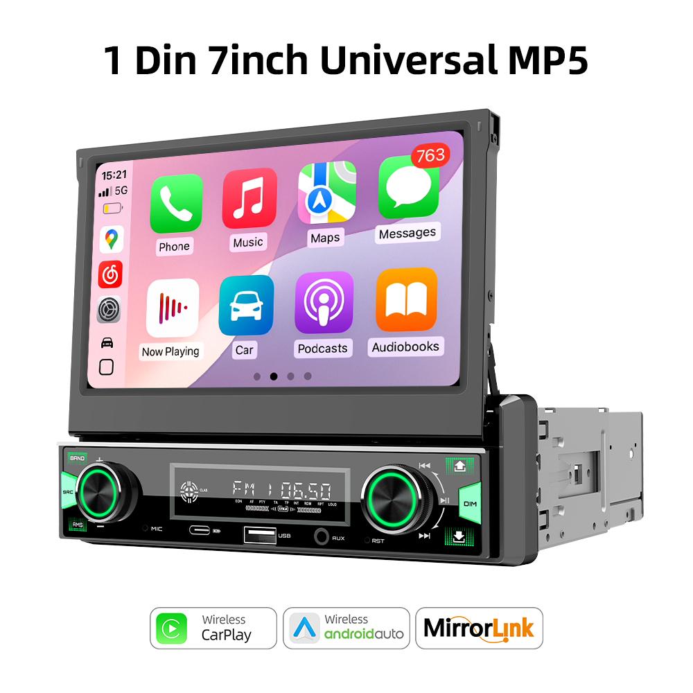 1DIN 7-дюймовый MP5 Автомагнитола FM AM RDS Автоматически выдвижной IPS Сенсорный экран Беспроводной CarPlay Android Auto Автомобильная стереосистема GPS