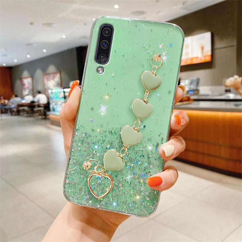 Блестящий чехол с цепочкой на запястье A 50 70 30 Love Heart для Samsung Galaxy A50 A70 A30s A20 A30 A21s A20s A7 2018, силиконовый чехол для браслета