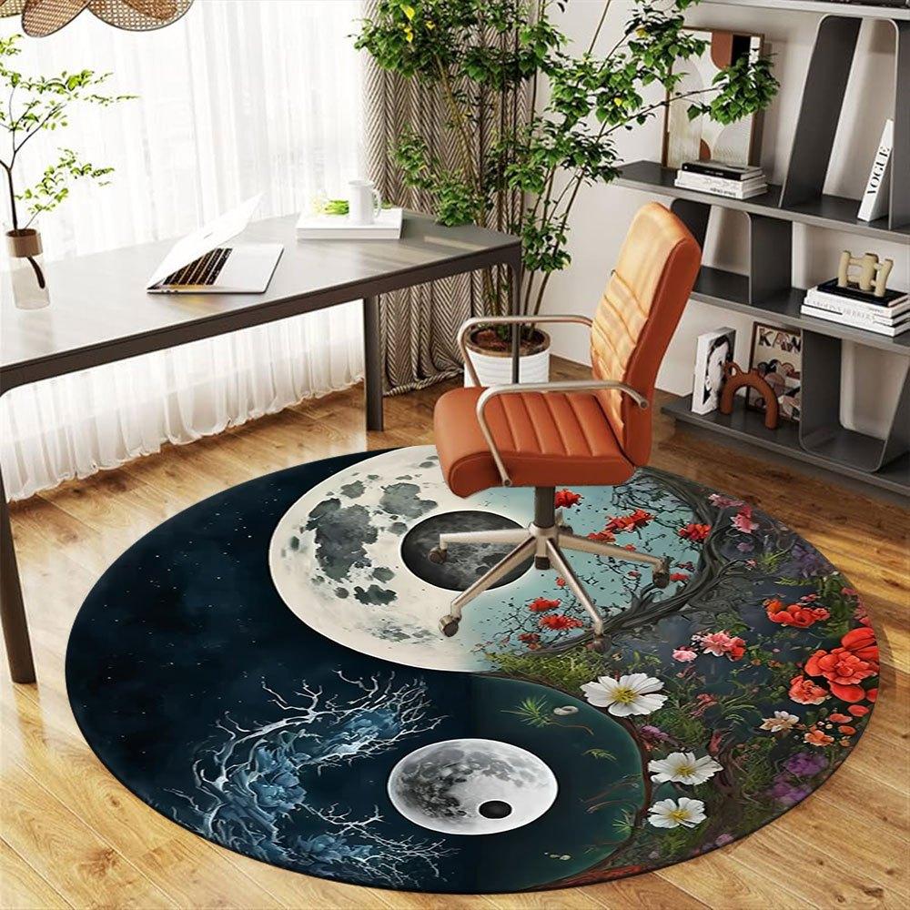 Yin Yang Moon Flowers: A Unique Artistic Design for Home DecorRound Non-Slip chair mat chair carpet for office Rugs for Office Decor Gift For Valentin