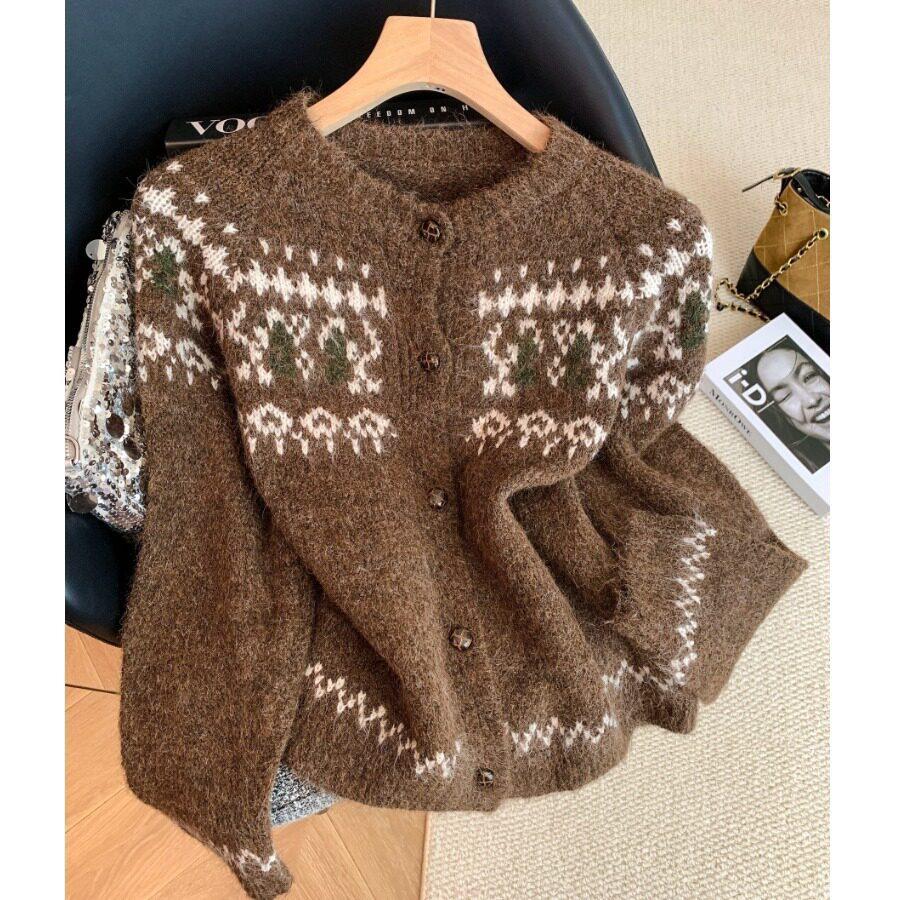Korean Retro Women's Fair Isle Cardigan - Soft, Fluffy, Autumn/Winter Knit Sweater