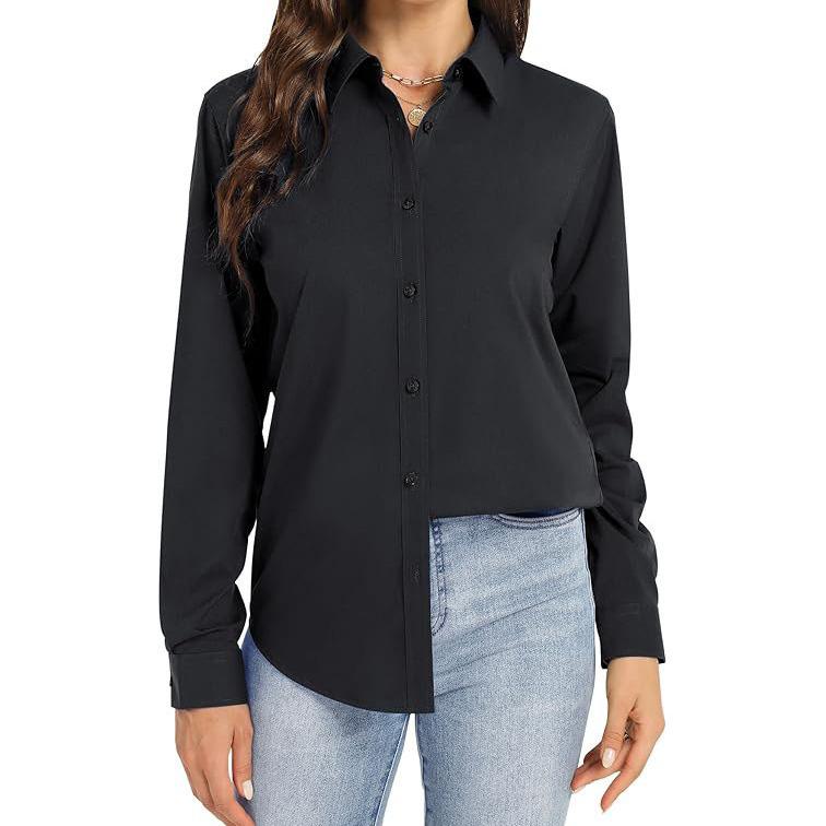 Женская белая рубашка-поло средней длины с длинными рукавами и воротником-поло