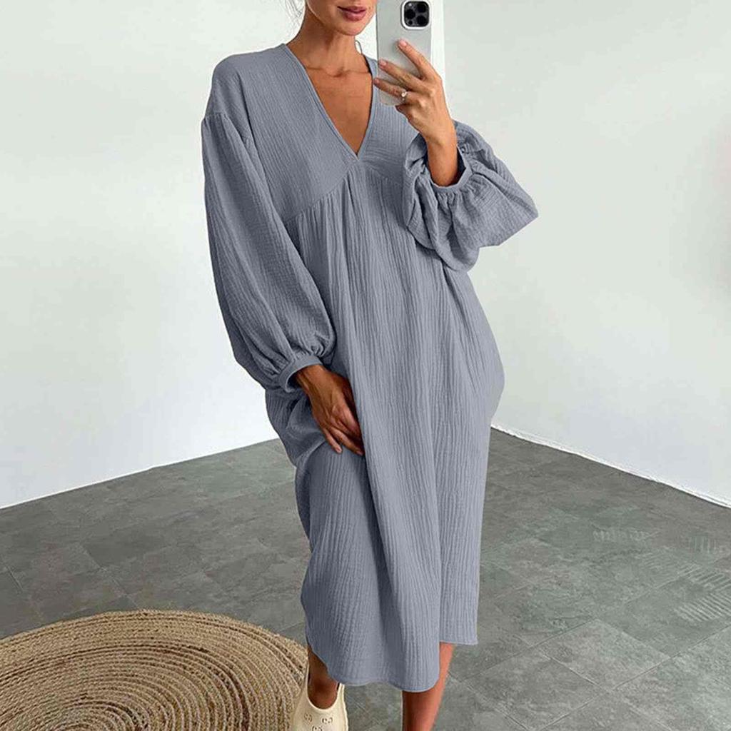 Ladies Casual Living Solid Pocket V Neck Pleated Dress Puff Sleeve Long Sleeve Cotton Dressy Fit Dress