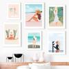 Поза дерева для йоги, скандинавский постер, Мальдивы, шляпа от солнца для серфинга, пляжная девушка, настенная живопись, холст, картина, домашний декор, фотографии для гостиной