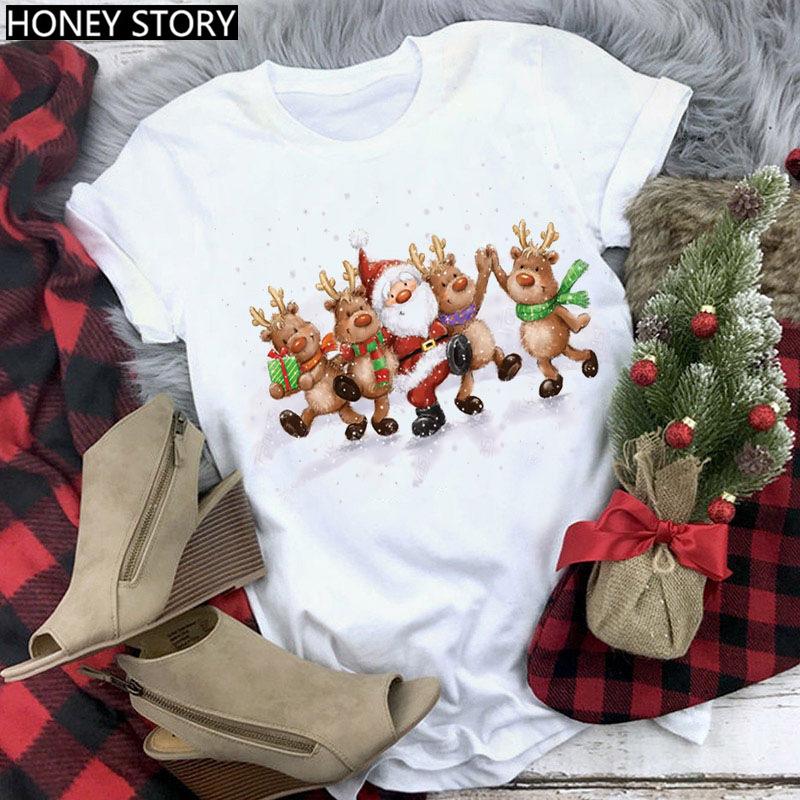 Kawaii Cartoon Merry Christmas Tree Graphics Women T-Shirts 90S Summer Short Sleeves Loose Round Neck Female Y2K Tops