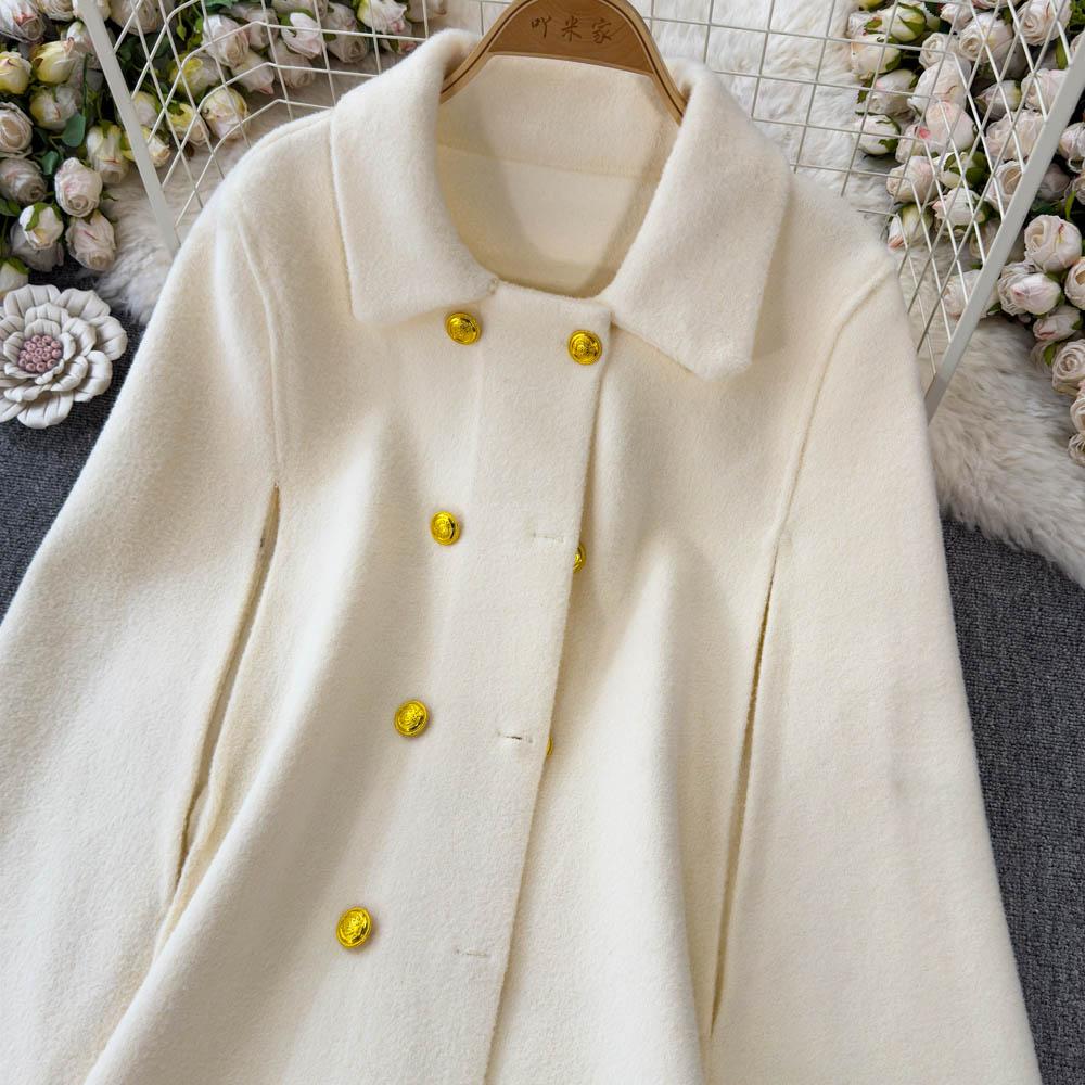 Осень-зима Женское роскошное шерстяное двубортное пальто-накидка с поясом