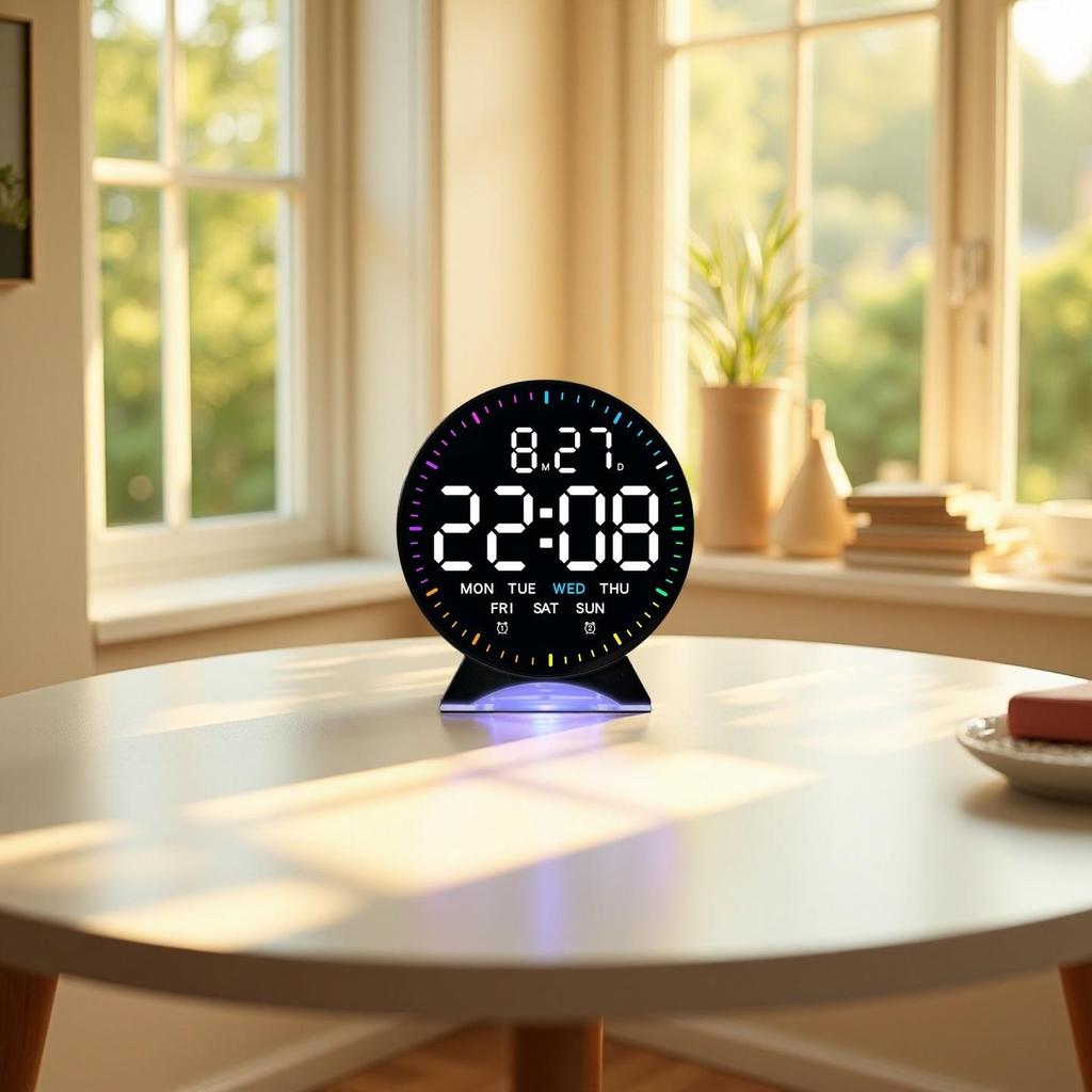 LED Digital Alarm Clock Week Date Second Hand Display Brightness Adjustable 2 Alarms Table Ambient Light 12/24H Electronic Clock