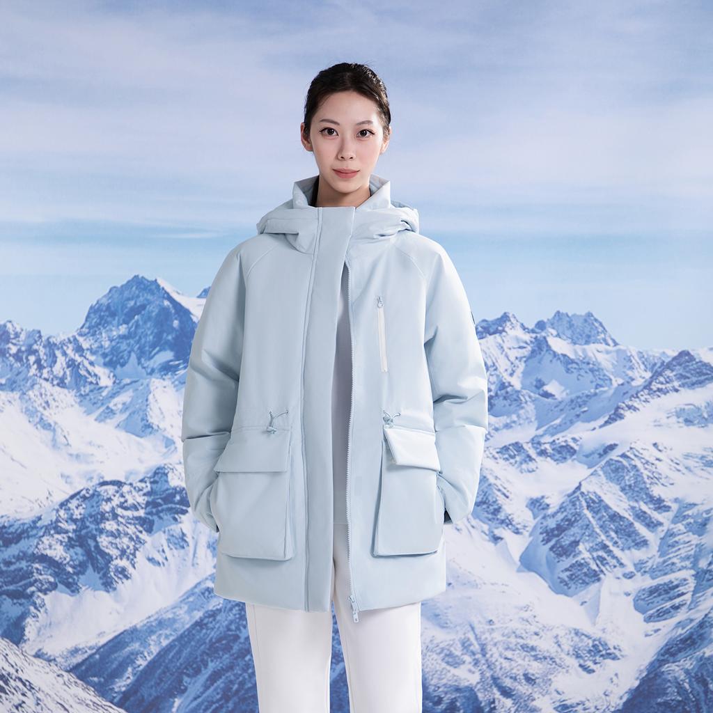 Li-Ning Теплая однотонная куртка-пуховик средней длины с капюшоном, повседневная, универсальная, удобная, женская верхняя одежда AYMV296-6