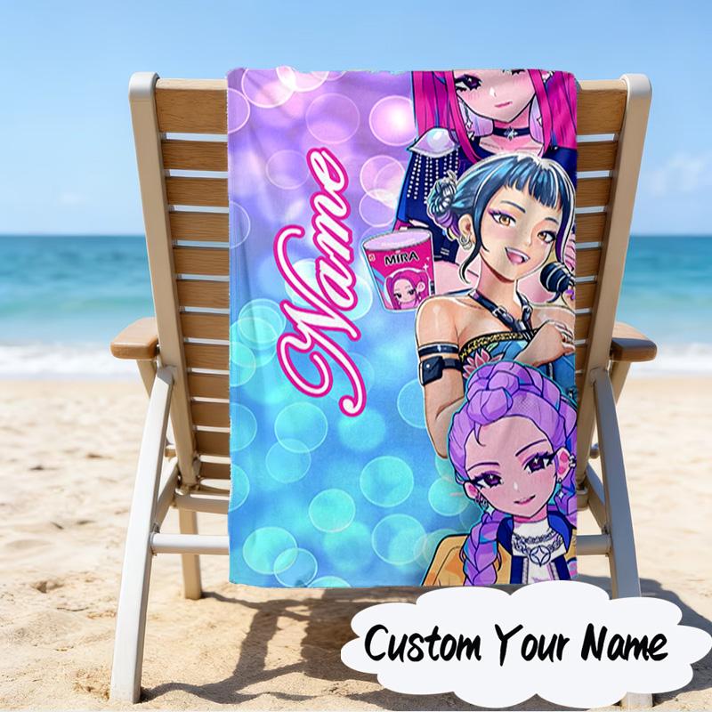 Custom Name KPop Demon Microfiber Beach Towel Super Soft & Absorbent for Bath, Beach, Travel Bath Time Accessory, Fan gifts