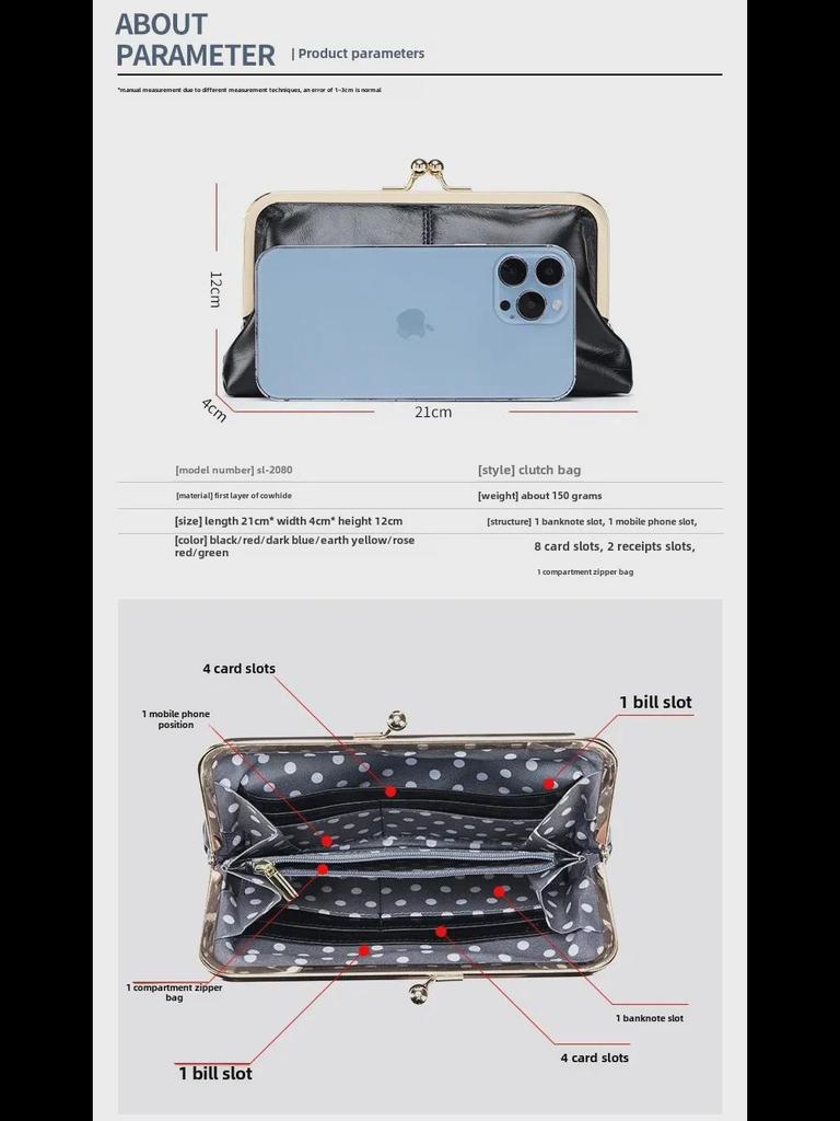 Women's Retro Long Genuine Leather Wallet Handbag - Large Capacity, Waxed Gold Clip Style