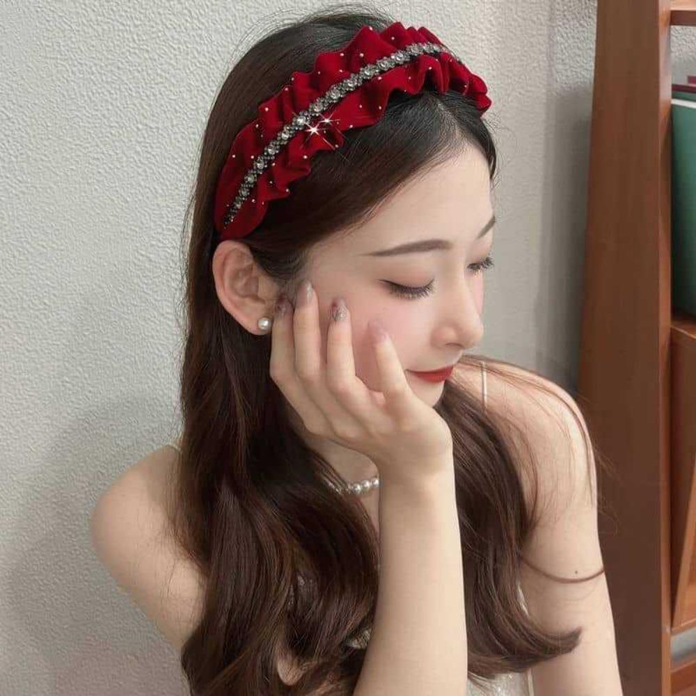 Elegant Shiny Rhinestone Headband Sweet Women Sequin Hairband Velvet Pleated Hair Hoop Female