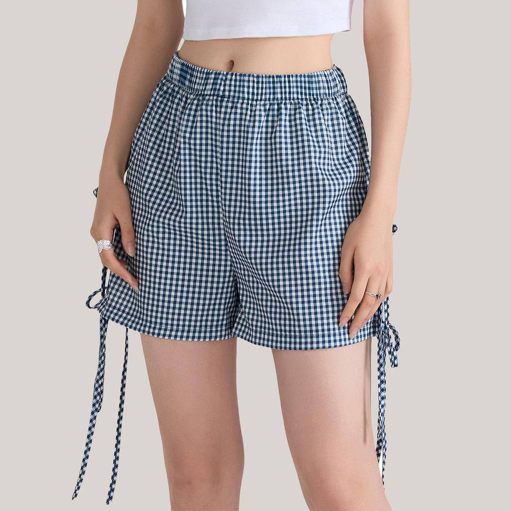 Women's Loose Casual High Waisted Bow Elastic Waisted Checkered Shorts Casual Shortss