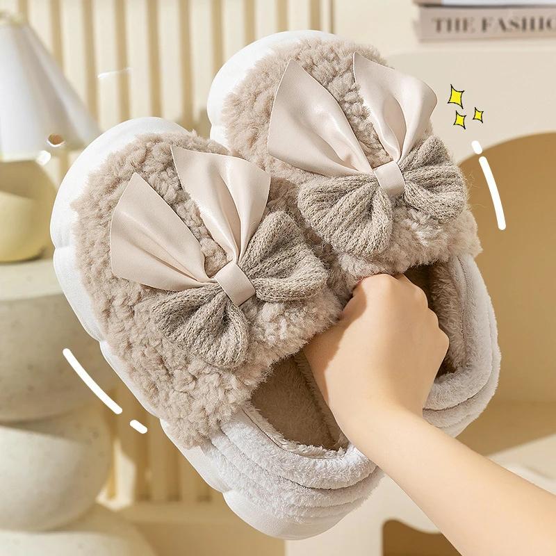 Женские хлопковые тапочки 2024 года, зимние новые домашние теплые плюшевые пушистые удобные нескользящие уличные хлопковые туфли с бабочкой