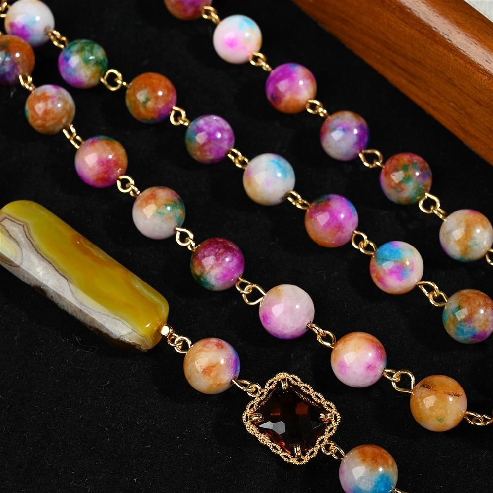 Vintage 18k Genuine Gold, Natural Stone and Agate Necklace and Earring Sets, Retro Long, Layered Personalized Sweater Chain