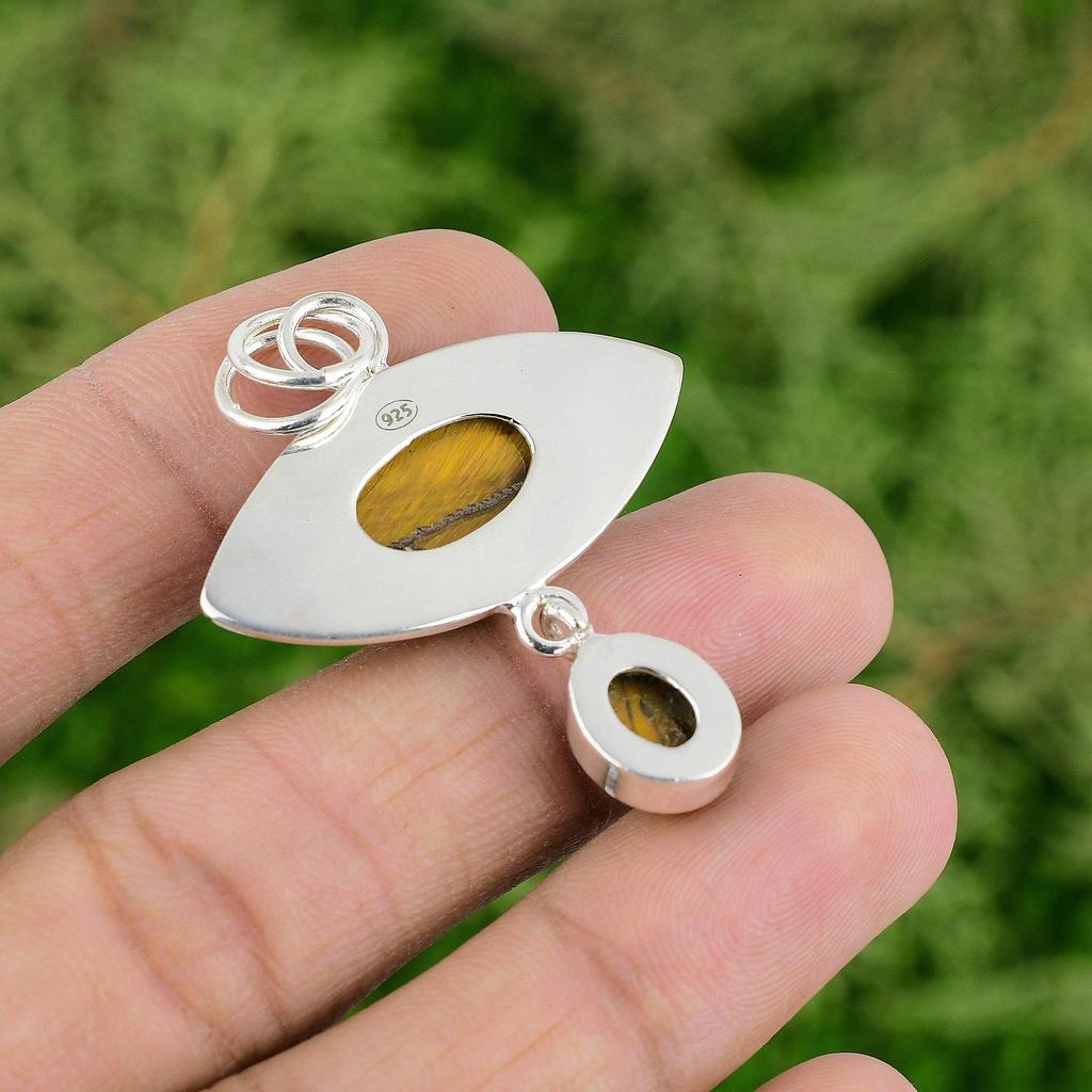Oval Tiger's Eye Gemstone Sacral Chakra Bezel Elegant Pendant Sterling Silver